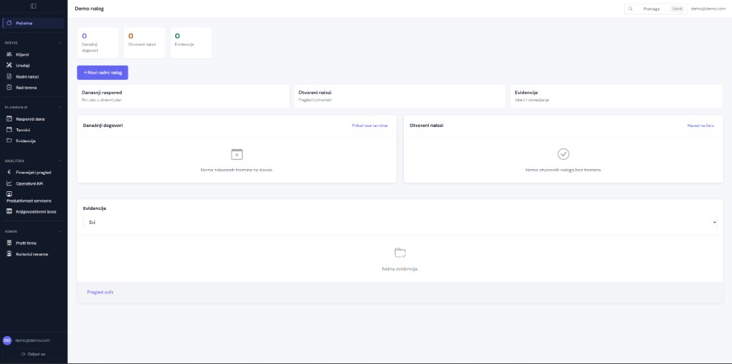 Servisnik dashboard — radni nalozi, termini i analitika